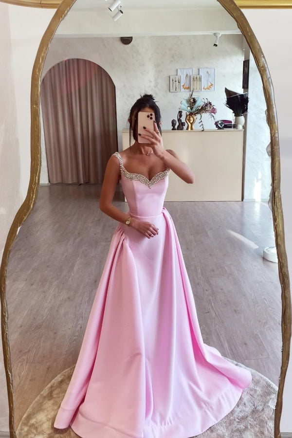Candy Pink Double Straps Beaded A-Line Prom Dress ssr0532