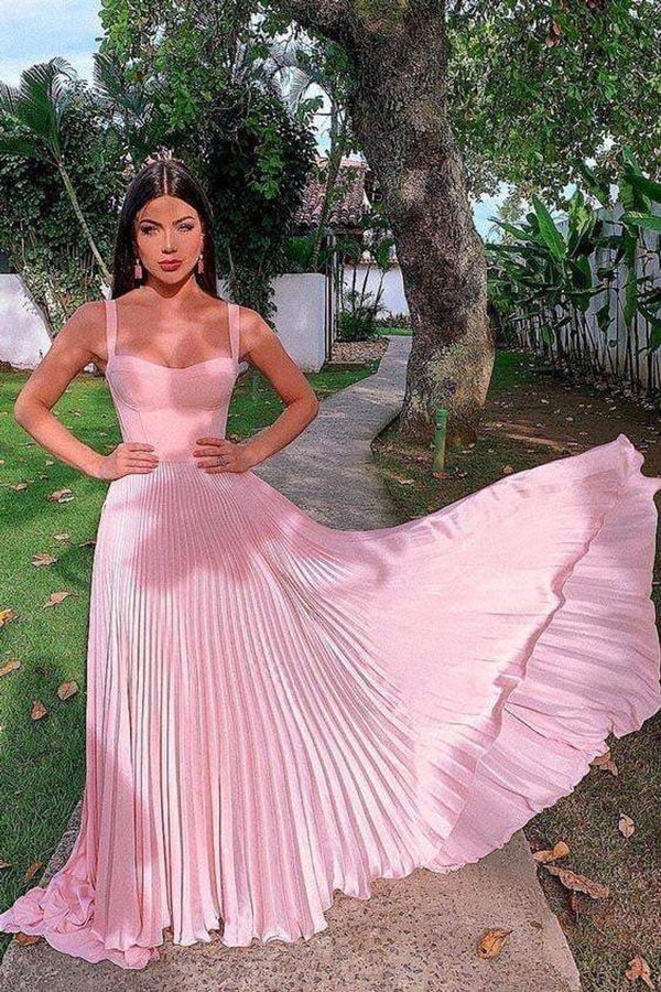 SSR1667,Pink A-Line Pleated Long Prom Dresses, Sleeveless Evening Gown