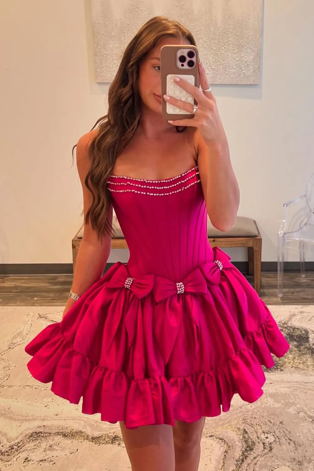 Cute A Line Strapless Hot Pink Short Homecoming Dress with Beading, SSR1227