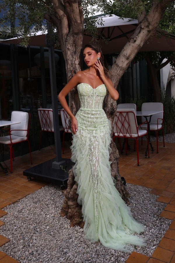 Sweetheart Lace Mesh Strapless Prom Dress ssr0278