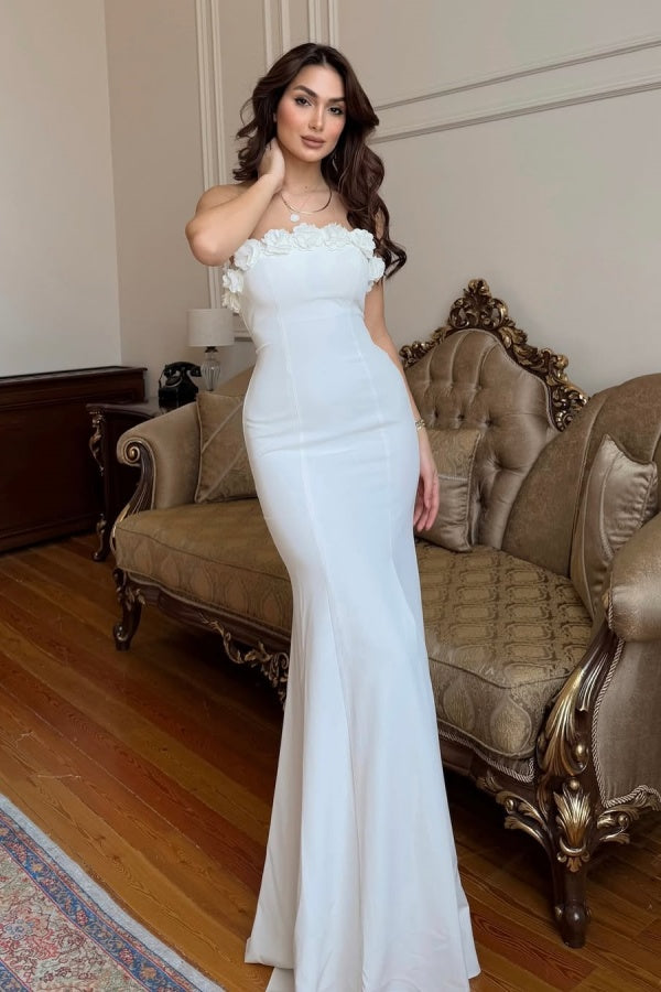 Elegant White Split Mermaid Handmade Flowers Prom Dress ssr0660