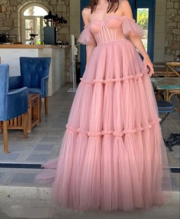 SSR1204,Pink Sweetheart Evening Prom Dresses,Tulle A-Line Prom Dress