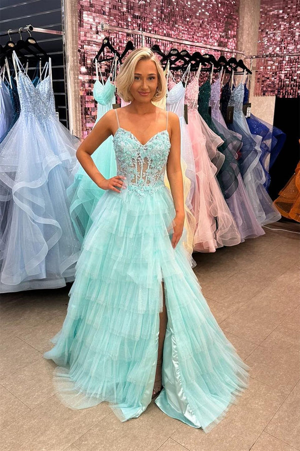 Straps Mint Green Tiered Ruffle Prom Dress