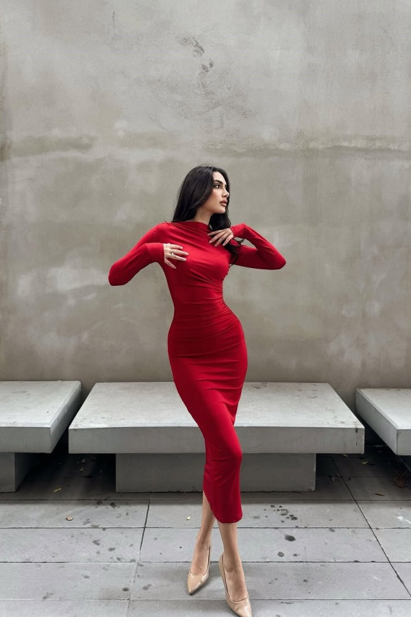 Charming Red High-Neck Long Sleeves Pleated Prom Dress ssr0449