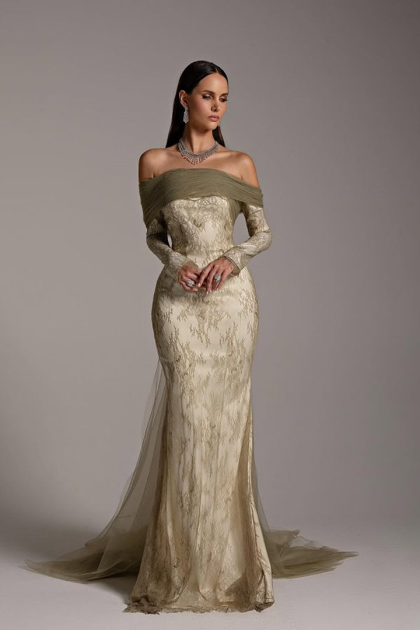 Green Tulle Strapless White Lining Long Sleeves Sheath Prom Dress ssr0641