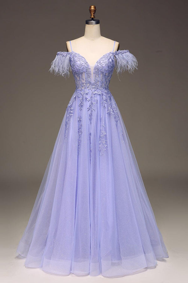 Straps Blue Sheer Appliques A-line Long Dress
