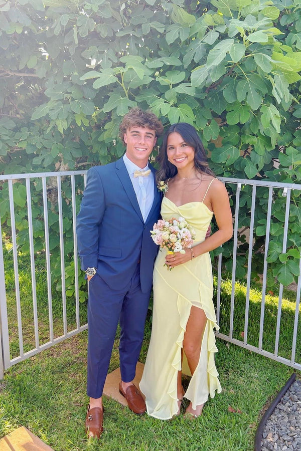 Straps Yellow Chiffon Ruffle Party Dress