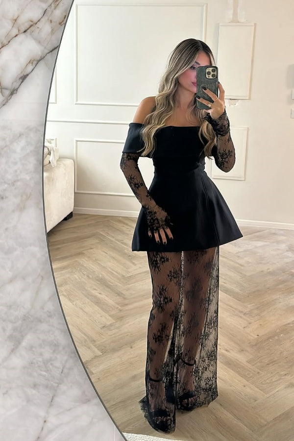 Black Off-The-Shoulder Short Lace Stitching Prom Dress ssr0506