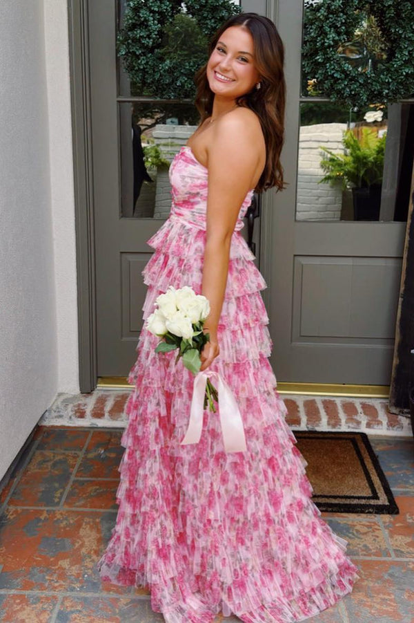 Strapless Floral A-line Ruffle Gown