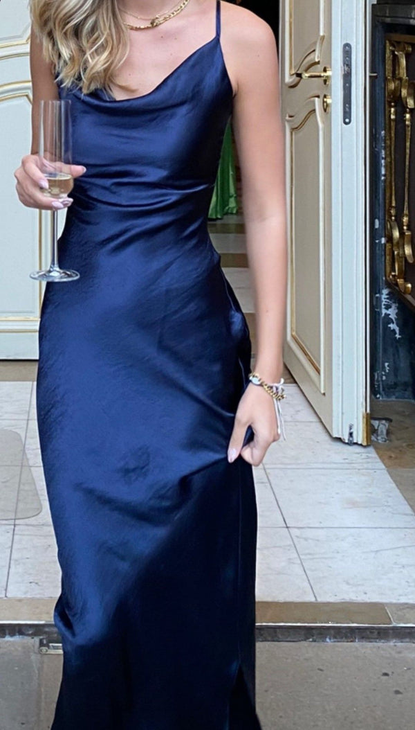 SSR1628,Smooth Navy Blue Silk Satin Long Prom Dresses,Sheath Full Length Sleeveless Evening Formal Dresses