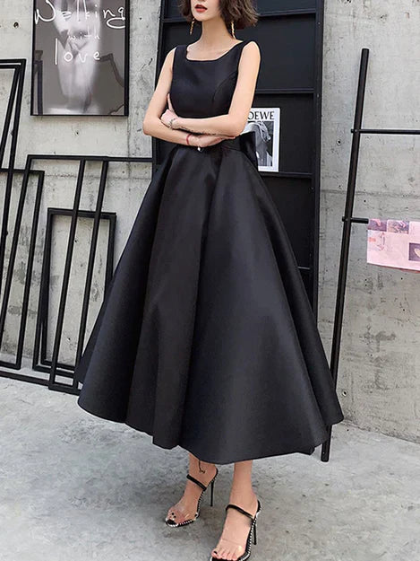 Black Satin Backless Tea Length Vintage Style Party Dress Short Prom Dress Formal Dress Evening Dress With Bow