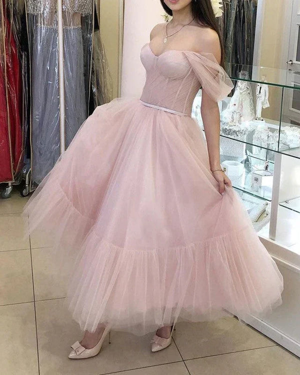 SSR1789,Light Pink Tulle Homecoming Dresses, Off The Shoulder Ankle Length Celebration Dress