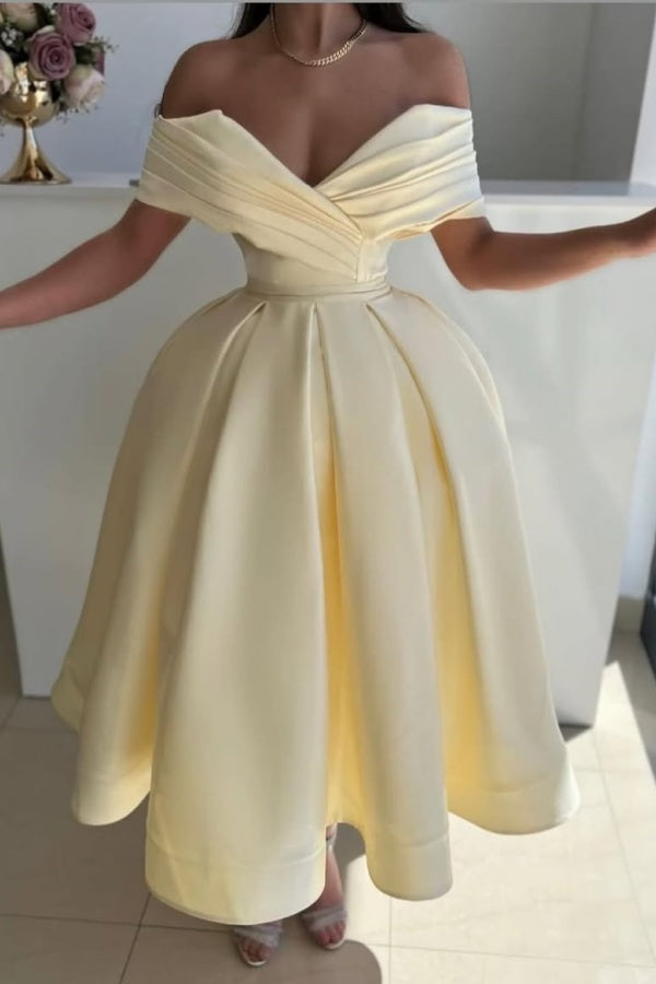 Elegant Ivory Off-The-Shoulder V-Neck Prom Dress ssr0486