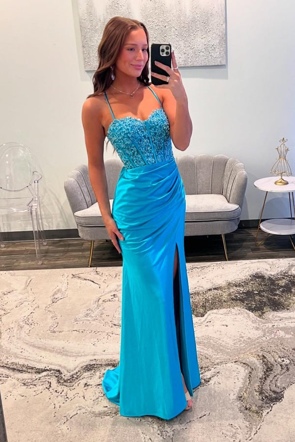 Straps Blue Lace Appliques and Satin Fitted Long Prom Dress