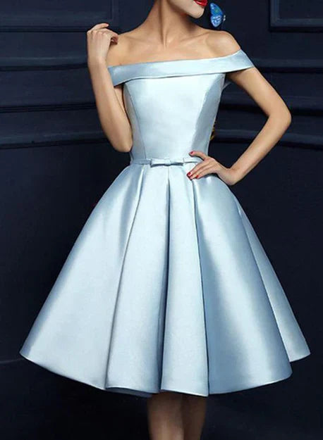 Short Light Blue Satin Off-the-Shoulder Short Prom Dress Homecoming Dress Party Dress Formal Dress