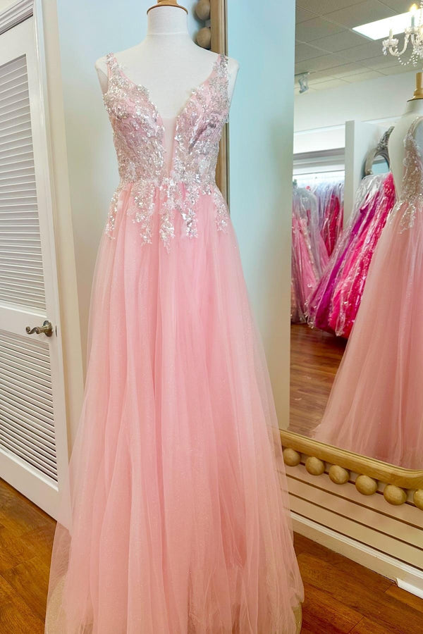 V Neck Pink Tulle Long Princess Dress