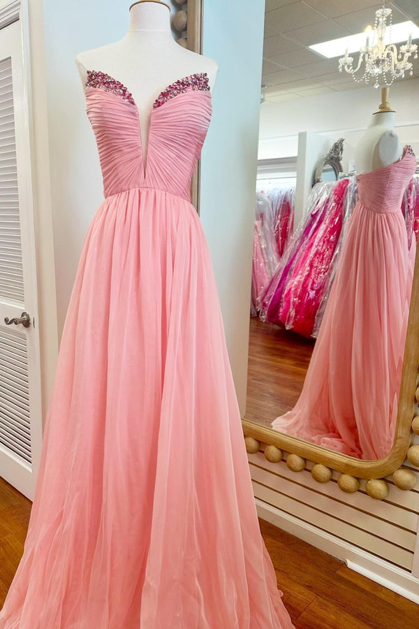 Strapless V Neck Pink Chiffon Long Prom Dress