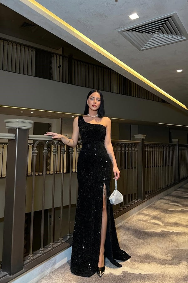 Black One-Shoulder Sequins Split Long Prom Dress ssr0554