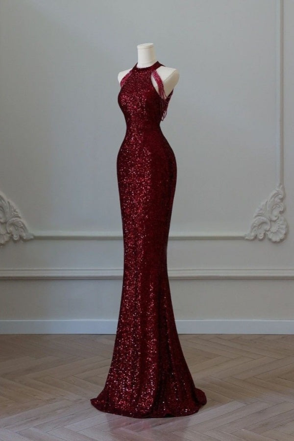 Burgundy Gorgeous Sequins Sleeveless Mermaid Beadings Prom Dress ssr0636