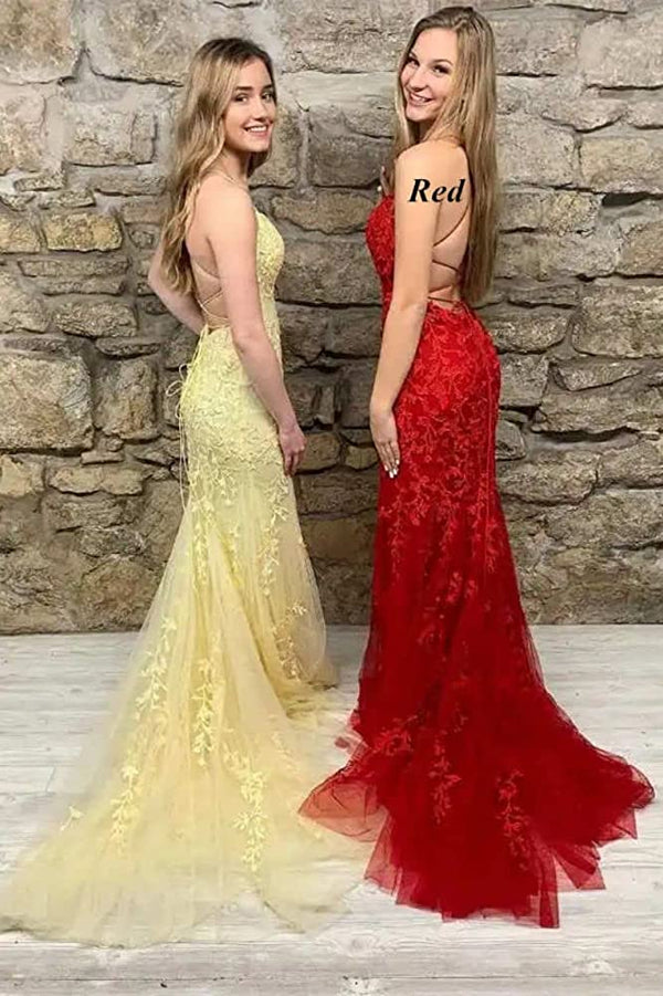 SSR1737,Mermaid Straps Long Lace Prom Dress with Lace-Up Back