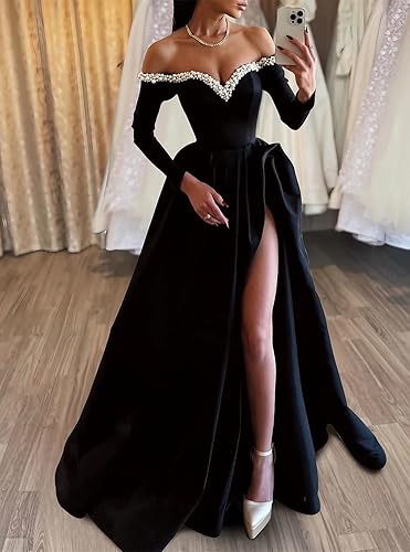 A-Line Sexy Evening Dress Formal Prom Dress Sweep/Brush Train Long Sleeve Off Shoulder Satin with Pearls And Slit