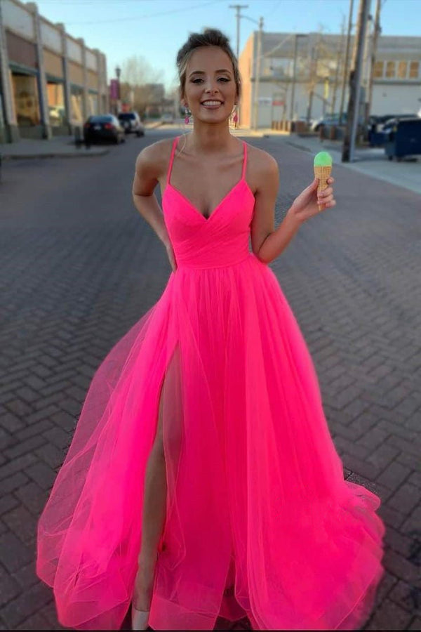 SSR0871,Hot pink tulle prom dresses spaghetti straps v-neck evening dress a-line split evening party gown