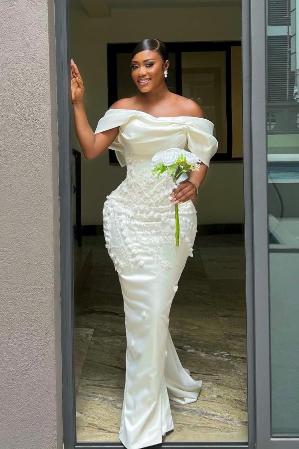 Cream Color Off-The-Shoulder Appliques Mermaid Prom Dress With Back Bow ssr0162