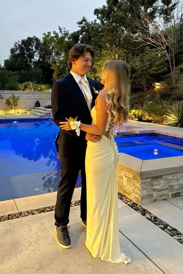 Strapless Yellow Fitted Long Prom Dress with Lace-up Back
