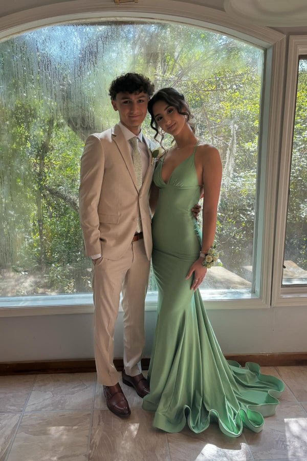 Straps Green Satin Mermaid Long Prom Dress
