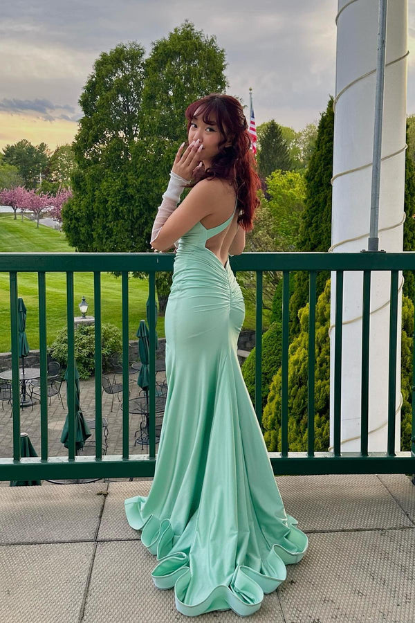 V Neck Green Satin Mermaid Long Prom Dress with Cross Back