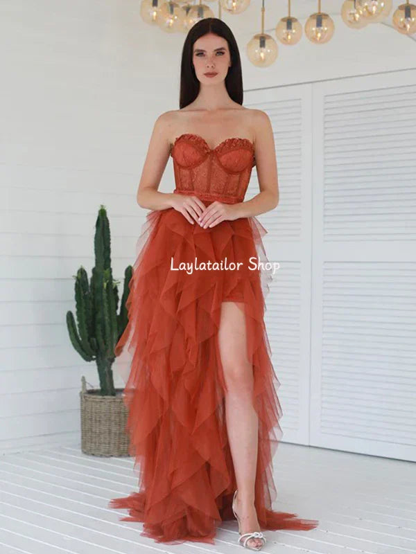 SSR1591,Stunning Tiered Sweetheart Tulle Slit Lace Prom Dresses Sleeveless Evening Dress