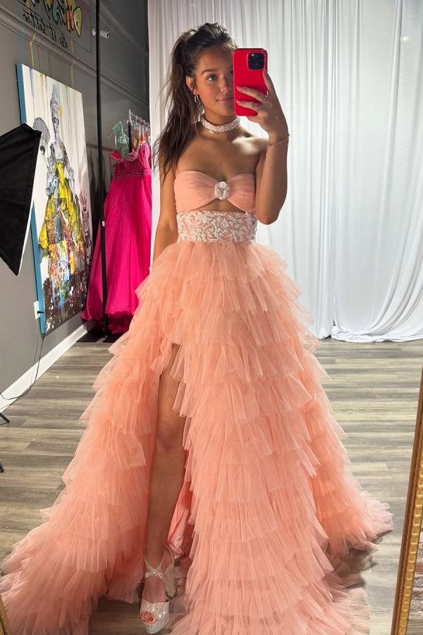 Pearl Pink Lovely Tulle Strapless Bow-knot Prom Dress ssr0503
