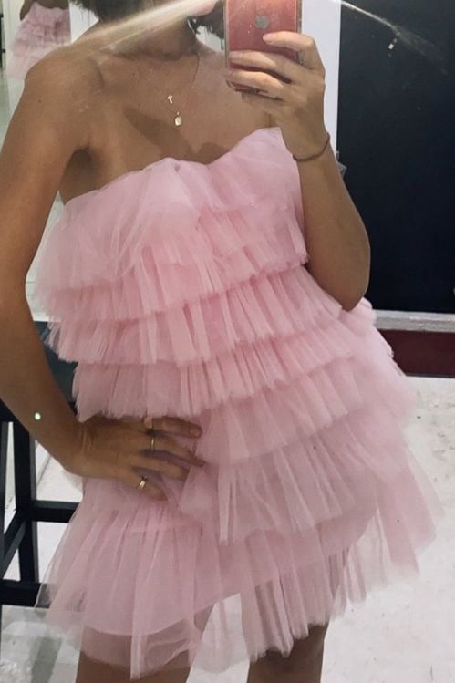SSR1424,Tiered Tulle Pink Homecoming Dress, Princess Strapless Short Prom Dress