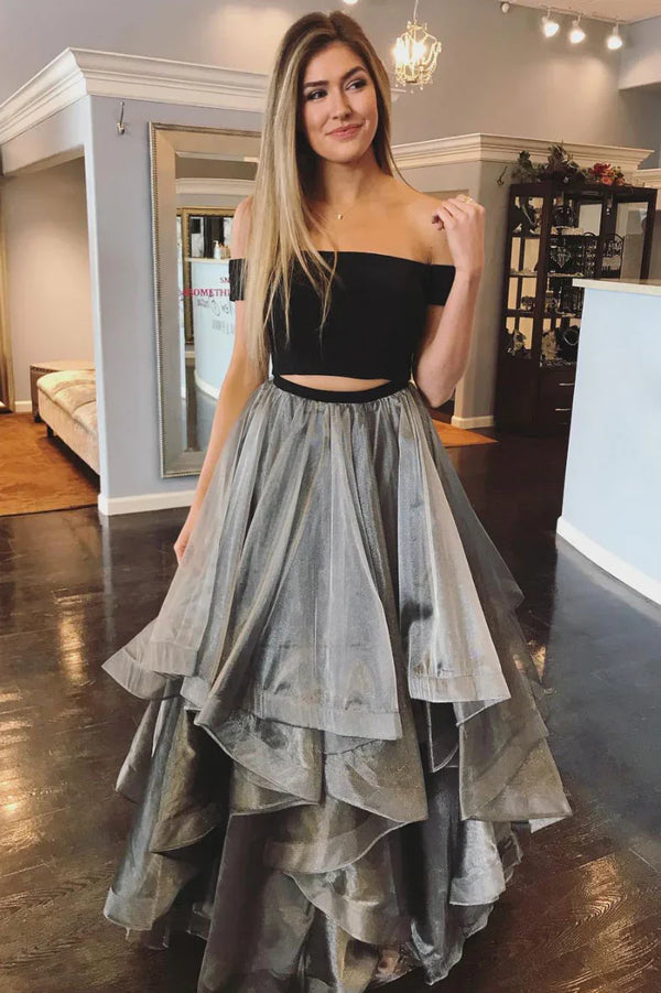 SSR1341,Two Pieces Prom Dresses Off The Shoulder Organza Long Evening Formal Gown