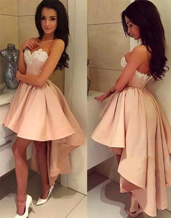 SSR0473,Blush Pink High Low Satin Lace Homecoming Dresses