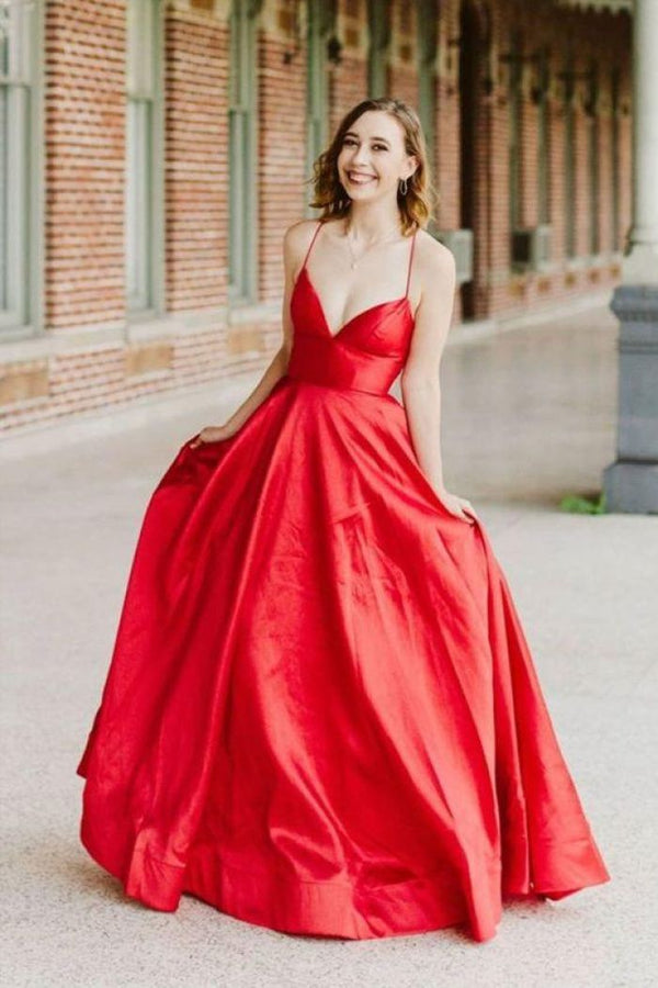 SSR1305,Red Formal Satin Dress A-line Floor Length Simply Sexy Prom Dress