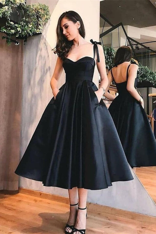Black Spaghetti-Straps Sweetheart Tea Length A-Line Evening Dress With Pockets ED0222