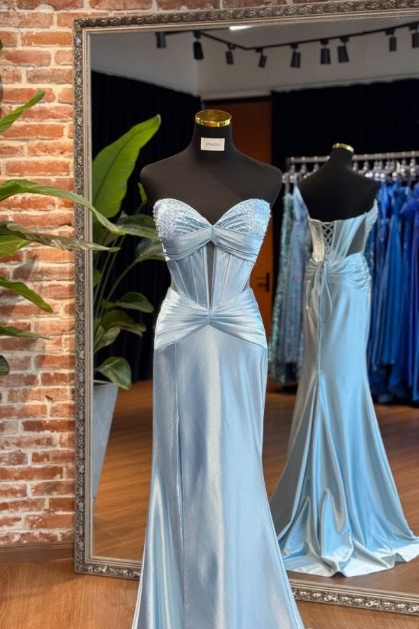 Sky Blue Strapless Split Sweetheart Lace-up Prom Dress ssr0620