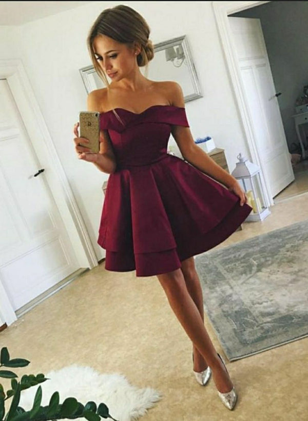 SSR0491,Burgundy Off The Shoulder A-Line Homecoming Dresses