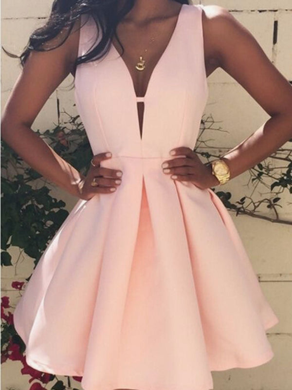 SSR0471,Charming pink homecoming dresses v-neck a line prom dress mini party gown