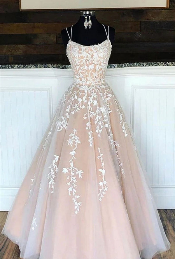 SSR0052,Lace Spaghetti Straps Cross Back Long Prom Dress,Train Applique Formal Gown