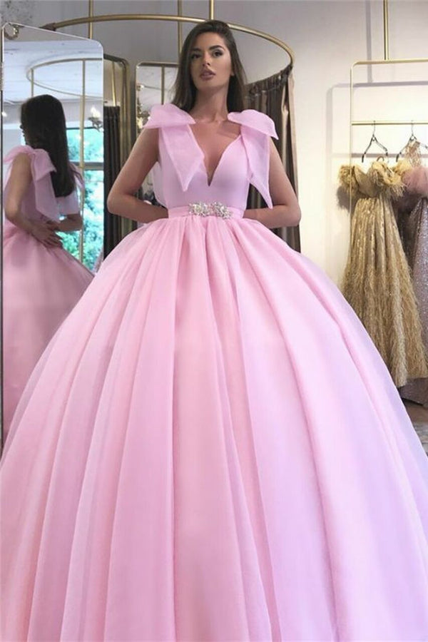 SSR0840,Pink ball gown v-neck beaded prom dresses pink evening dress sweet 16 dress