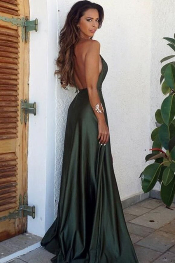 SSR1573,Olivia Green Satin Long Prom Dresses,Backless Evening Party Dress