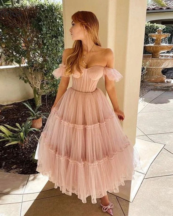 SSR1866,A-Line Pink Off The Shoulder Tulle Prom Homecoming Dresses