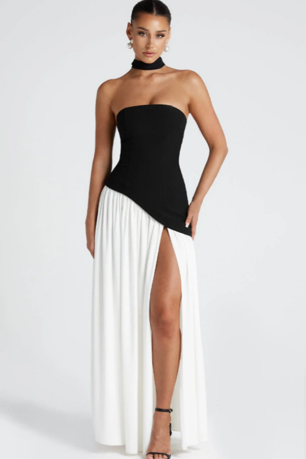 Black And White Splicing Split Prom Dress With Scarf ssr0643