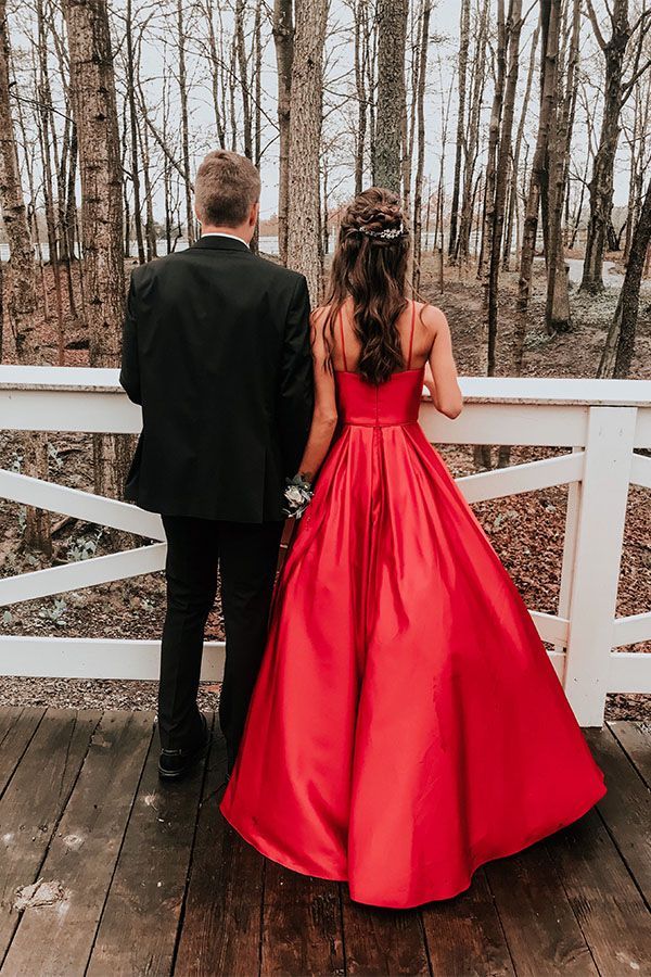 SSR0837,Red prom dress spaghetti straps prom dresses a-line satin evening dress long formal gown