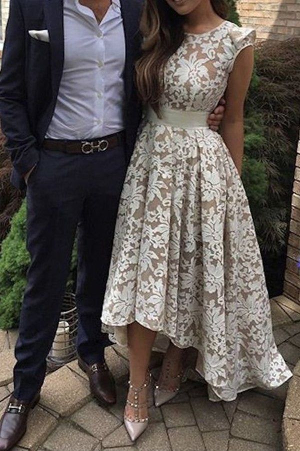 SSR1888,Charming White Champagne Lace High Low Homecoming Dresses