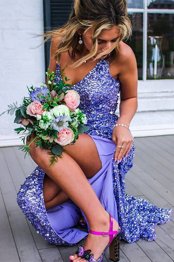 SSR0798,Glitters purple mermaid prom dresses v-neck evening formal gown