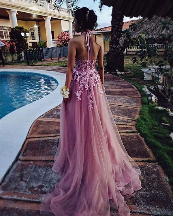 SSR0758,Halter applique tulle prom dresses,evening dress long party gown