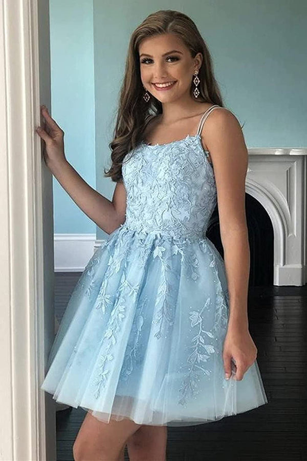 SSR1403,A Line Light Blue Tulle Homecoming Dress With Lace Appliques,Short Prom Dress